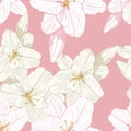 Beautiful monochrome, sepia and pink outline seamless pattern with lilies. Royalty Free Stock Photo