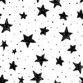 Beautiful monohrome black and white seamless sky pattern with textured stars, hand drawn.