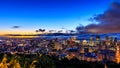 Beautiful Montreal at sunrise or sunset. Amazing view from Belvedere with colorful autumn leaves. Stunning panorama of Montreal d