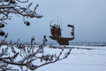 Beautiful Monument to Founders of Kyiv: Kiy, Schek, Khoryv and their sister Lybid. Morning frozen with white trees. Royalty Free Stock Photo