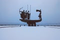 Beautiful Monument to Founders of Kyiv: Kiy, Schek, Khoryv and their sister Lybid. Winter landscape photo. Royalty Free Stock Photo