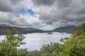 Beautiful moody landscape image of view from Surprise View viewpoint in the Lake District overlooking Derwentwater with Skiddaw Royalty Free Stock Photo