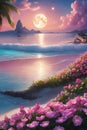 Beautiful moonlight on the white sandy beach, with flowers, pink clouds, cliffs, palm tree, wallpaper Royalty Free Stock Photo
