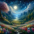 A beautiful moonlit valley with twinkling stars, surrounded by colorful flowers, plants, blossoms tree, painting art of nature Royalty Free Stock Photo