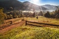 Beautiful morning in Carpathian mountains. the sun`s rays make t