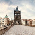 Morning at empty Charles bridge tower, wide angle panorama