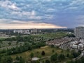 Beautiful morning evening sky clouds in Toronto city, Canada. Landscape aerial top view with urban streets and parks. Twilight in Royalty Free Stock Photo