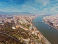 Beautiful morning flight over Budapest. Top view of the royal palace of the Habsburgs, Danube, Szechenyi Chain Bridge. Royalty Free Stock Photo