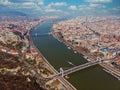 Beautiful morning flight over Budapest. Top view of the royal palace of the Habsburgs, Danube, Szechenyi Chain Bridge. Royalty Free Stock Photo