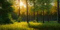 Beautiful morning in the green forest with sun rays and lens flare. Beautyful background. Generative AI technology Royalty Free Stock Photo