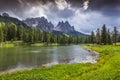 Beautiful morning on lake Antorno, Italy Alps, Tre Cime Di Lavaredo, Dolomites, Europe. Royalty Free Stock Photo