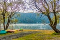 Beautiful morning at Lake Saiko in Yamanashi, Japan with the col