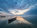 Beautiful morning landscape with boats on the lake at the sunrise Royalty Free Stock Photo
