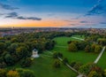 The beautiful morning mood in autumn by a flight over the English Garden of Munich, Bavaria. Royalty Free Stock Photo