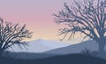 Beautiful morning mountains panorama from the outskirts of the city with stunning dry tree silhouettes. Vector