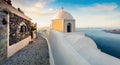 Beautiful morning panorama of Santorini island. Attractive spring scene of famous Greek resort Thira, Greece, Europe. Traveling Royalty Free Stock Photo