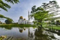 beautiful morning scenery of As-Salam Mosque located in Selangor, Malaysia with reflecton on the lake. Royalty Free Stock Photo