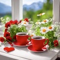 Two red cups of coffee and wild summer flowers Royalty Free Stock Photo