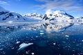 Antarctic landscape, snow on mountains reflecting in blue water, ice flows, Lemaire Channel near Paradise Bay, Antarctica Royalty Free Stock Photo