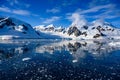 Antarctic landscape with snow on mountains reflecting in blue water, ice flows, Lemaire Channel near Paradise Bay, Antarctica Royalty Free Stock Photo