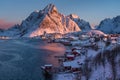 Beautiful morning sunrise over Reine village in Lofoten island in winter season, Norway, Scandinavia