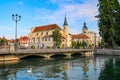 Church of Saint Francois de Sales in Annecy, France. White swan is swimming on Thiou river Royalty Free Stock Photo