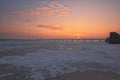 A beautiful morning view of River Dnipro Dnieper covered by ice and snow. Wonderful sunrise at a frosty winter morning Royalty Free Stock Photo