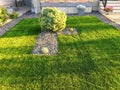 A beautiful morning view of the sun shining off of a fresh new green artificial synthetic grass front lawn