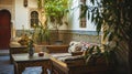 beautiful Moroccan design with intrigue tiles and traditional furnishing in a Riad. Generative Ai Royalty Free Stock Photo