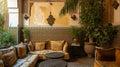 beautiful Moroccan design with intrigue tiles and traditional furnishing in a Riad. Generative Ai Royalty Free Stock Photo