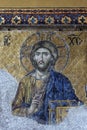 A beautiful mosaic of Jesus Christ on a wall inside Aya Sofya in the Sultanahmet district of Istanbul in Turkey.