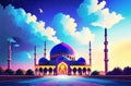 Islamic Masjid Mosque banner for Ramadan Kareem and Eid Mubarak Greetings for Muslim Islamic Festival. Generative AI