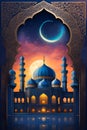 Beautiful mosque in ramadan athmosphere, ornaments, moon hangs in the twilight sky, abstract background, reflection