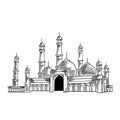 The beautiful Mosque. Ramadan prayers kneel Eid Mubarak concept sketch greeting card template. Hand drawn vector illustration