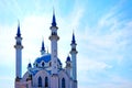 Beautiful mosque. Religion, Islam. White walls, blue dome, four minarets with crescents