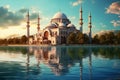 Beautiful Mosque Worship Place Islamic Religion with Pond Lake Nature View on a Bright Day