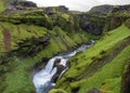 View on Skoga river with waterfall in rainy summer day on the Fimmvorduhals trail from Skogar to Thorsmork, Highlands of Iceland Royalty Free Stock Photo