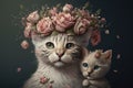 Beautiful mother and baby cat animals with flower crown. Colorful portrait wallpaper. Mother\'s Day Generative AI
