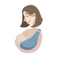 Circle icon depicting mother breastfeeding her young child in sling. Breastfeed. Vector illustration isolated on white