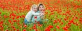 Beautiful mother and daughter in spring poppy flower field. Mom holds her child daughter in the flowering meadow Royalty Free Stock Photo