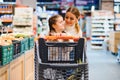 Beautiful mother holding grocery basket with her child walking in supermarket. Shopping for healthy Royalty Free Stock Photo