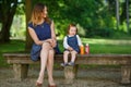 Beautiful mother and little daughter walking in summer park Royalty Free Stock Photo