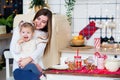 Beautiful mother with little daughter in white sweaters in the kitchen smiling and eating Christmas sweets. cozy photo in a