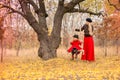 Beautiful mother in a long dress is swinging on a hinged swing little daughter in a red coat in an autumn garden near an old gnarl Royalty Free Stock Photo