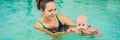 Beautiful mother teaching cute baby girl how to swim in a swimming pool. Child having fun in water with mom BANNER, LONG Royalty Free Stock Photo