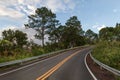 Beautiful mountain asphalt road with curve and double yellow lin