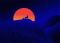 beautiful mountain background landscape during night time with a wolf howling in front of the big moon Royalty Free Stock Photo