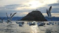 Beautiful Mountain Baikal Lake. Sunset over the mountain peaks and flying graceful gulls