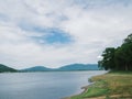 Beautiful mountain, blue sky and water viewpoint of Bang Pra Reservoir, Thailand. It`s one of famous tourist attraction and great Royalty Free Stock Photo