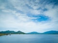 Beautiful mountain, blue sky and water viewpoint of Bang Pra Reservoir, Thailand. It`s one of famous tourist attraction and great Royalty Free Stock Photo